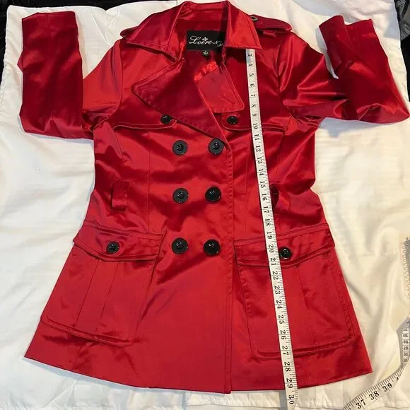 Love NY Red Satin Double-Breasted Trench Coat Military Style Jacket-Small - Picture 5 of 7
